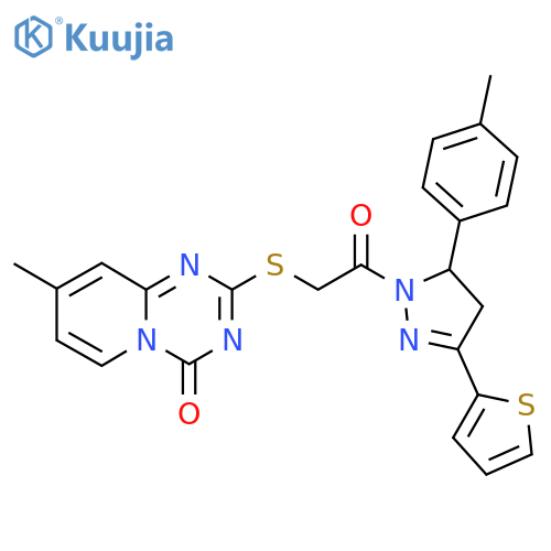 8-methyl-2-({2-5-(4-methylphenyl)-3-(thiophen-2-yl)-4,5-dihydro-1H-pyrazol-1-yl-2-oxoethyl}sulfanyl)-4H-pyrido1,2-a1,3,5triazin-4-one structure