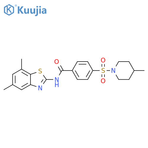N-(5,7-dimethyl-1,3-benzothiazol-2-yl)-4-(4-methylpiperidin-1-yl)sulfonylbenzamide structure