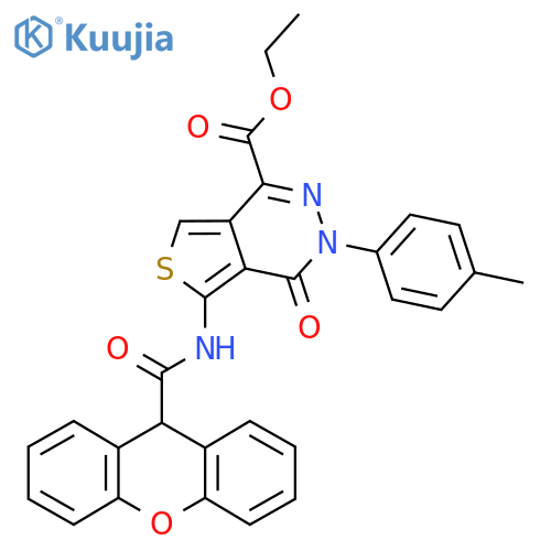 ethyl 3-(4-methylphenyl)-4-oxo-5-(9H-xanthene-9-amido)-3H,4H-thieno3,4-dpyridazine-1-carboxylate structure