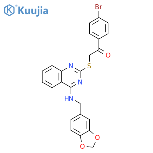 2-(4-{(2H-1,3-benzodioxol-5-yl)methylamino}quinazolin-2-yl)sulfanyl-1-(4-bromophenyl)ethan-1-one structure