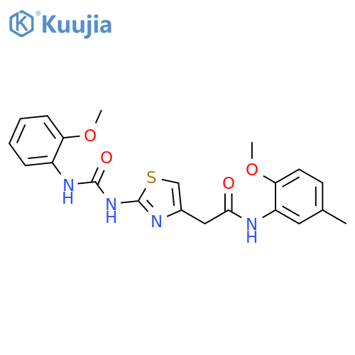 N-(2-methoxy-5-methylphenyl)-2-(2-{(2-methoxyphenyl)carbamoylamino}-1,3-thiazol-4-yl)acetamide structure