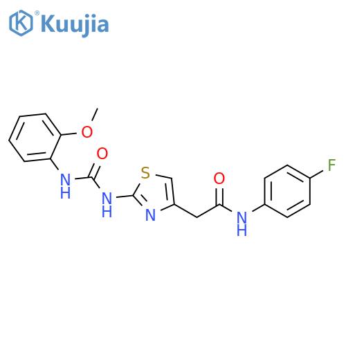 N-(4-fluorophenyl)-2-(2-{(2-methoxyphenyl)carbamoylamino}-1,3-thiazol-4-yl)acetamide structure