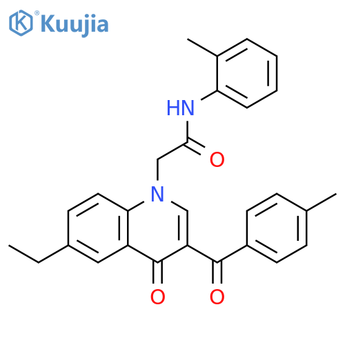 2-6-ethyl-3-(4-methylbenzoyl)-4-oxo-1,4-dihydroquinolin-1-yl-N-(2-methylphenyl)acetamide structure