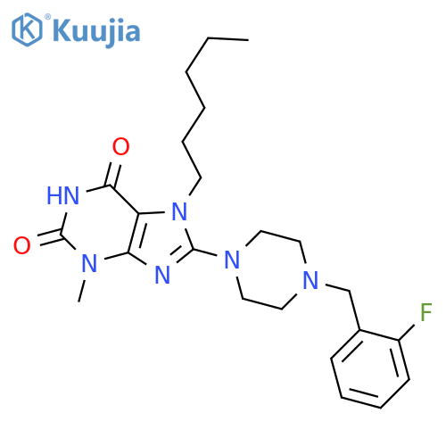 8-{4-(2-fluorophenyl)methylpiperazin-1-yl}-7-hexyl-3-methyl-2,3,6,7-tetrahydro-1H-purine-2,6-dione structure