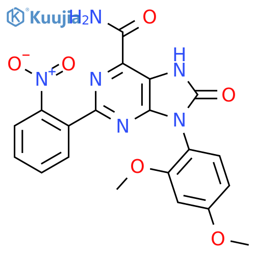 9-(2,4-dimethoxyphenyl)-2-(2-nitrophenyl)-8-oxo-8,9-dihydro-7H-purine-6-carboxamide structure