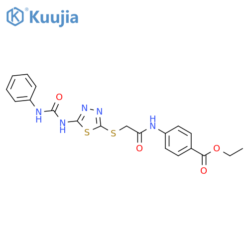 ethyl 4-2-({5-(phenylcarbamoyl)amino-1,3,4-thiadiazol-2-yl}sulfanyl)acetamidobenzoate structure