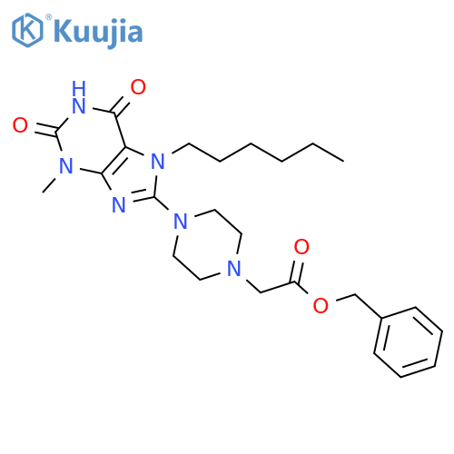 benzyl 2-4-(7-hexyl-3-methyl-2,6-dioxo-2,3,6,7-tetrahydro-1H-purin-8-yl)piperazin-1-ylacetate structure