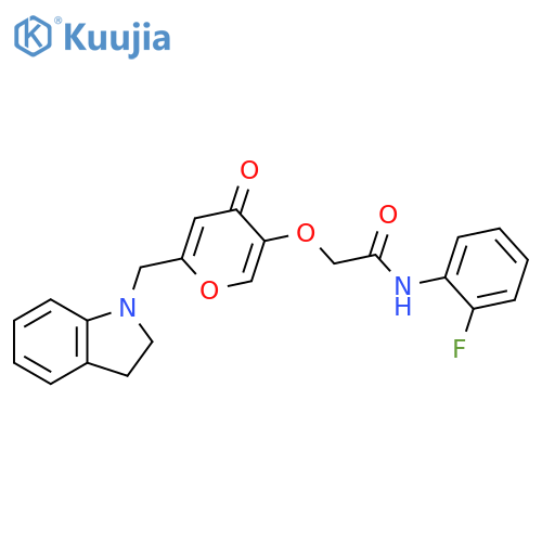 2-({6-(2,3-dihydro-1H-indol-1-yl)methyl-4-oxo-4H-pyran-3-yl}oxy)-N-(2-fluorophenyl)acetamide structure