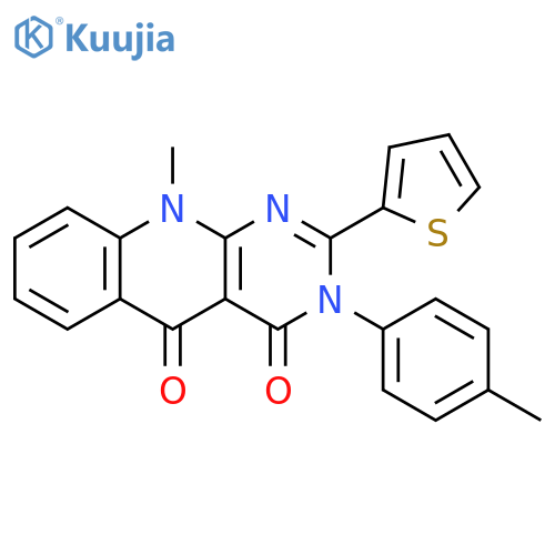 10-methyl-3-(4-methylphenyl)-2-(thiophen-2-yl)-3H,4H,5H,10H-pyrimido4,5-bquinoline-4,5-dione structure