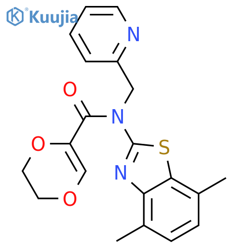 N-(4,7-dimethyl-1,3-benzothiazol-2-yl)-N-(pyridin-2-yl)methyl-5,6-dihydro-1,4-dioxine-2-carboxamide structure