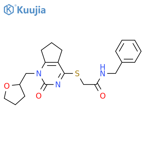 N-benzyl-2-({2-oxo-1-(oxolan-2-yl)methyl-1H,2H,5H,6H,7H-cyclopentadpyrimidin-4-yl}sulfanyl)acetamide structure
