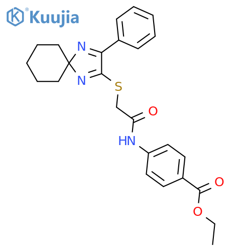 ethyl 4-2-({3-phenyl-1,4-diazaspiro4.5deca-1,3-dien-2-yl}sulfanyl)acetamidobenzoate structure
