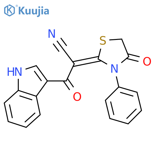 3-(1H-indol-3-yl)-3-oxo-2-(2E)-4-oxo-3-phenyl-1,3-thiazolidin-2-ylidenepropanenitrile structure