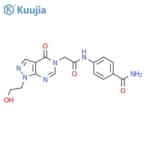 4-{2-1-(2-hydroxyethyl)-4-oxo-1H,4H,5H-pyrazolo3,4-dpyrimidin-5-ylacetamido}benzamide structure