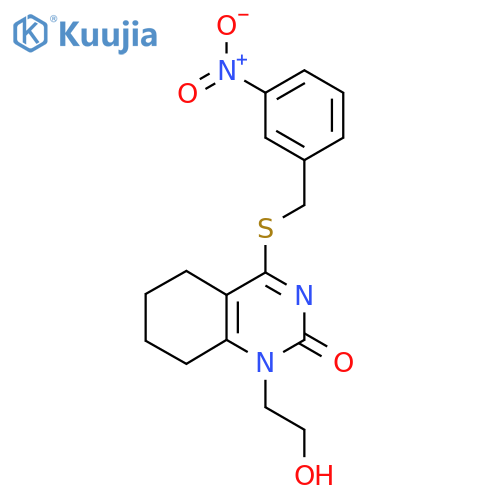 1-(2-hydroxyethyl)-4-{(3-nitrophenyl)methylsulfanyl}-1,2,5,6,7,8-hexahydroquinazolin-2-one structure