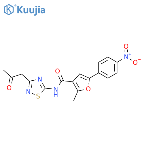 2-methyl-5-(4-nitrophenyl)-N-3-(2-oxopropyl)-1,2,4-thiadiazol-5-ylfuran-3-carboxamide structure