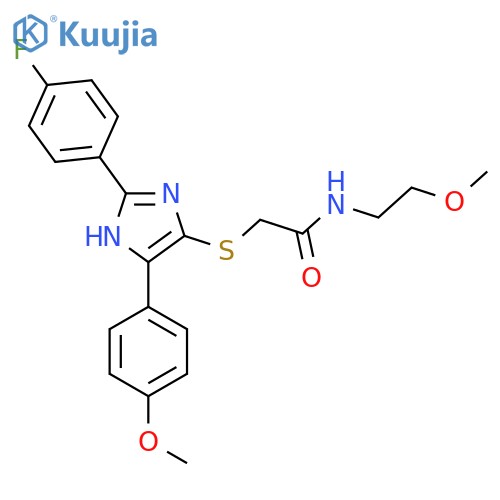 2-{2-(4-fluorophenyl)-5-(4-methoxyphenyl)-1H-imidazol-4-ylsulfanyl}-N-(2-methoxyethyl)acetamide structure