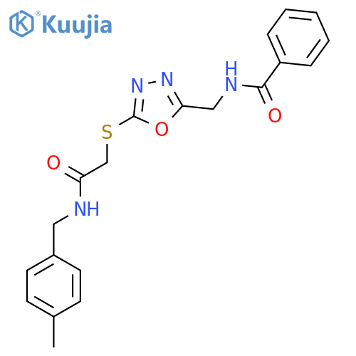 N-({5-({(4-methylphenyl)methylcarbamoyl}methyl)sulfanyl-1,3,4-oxadiazol-2-yl}methyl)benzamide structure