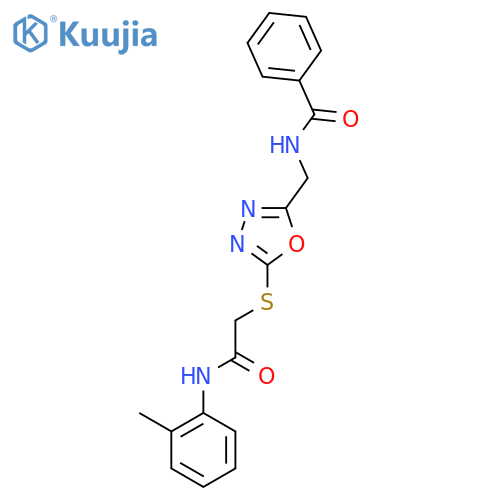 N-{5-({(2-methylphenyl)carbamoylmethyl}sulfanyl)-1,3,4-oxadiazol-2-ylmethyl}benzamide structure