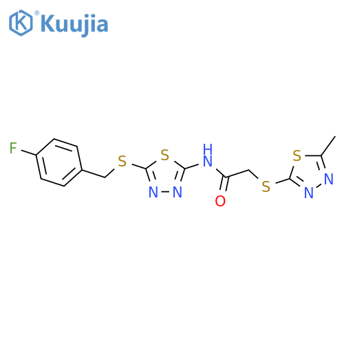 <br>N-{5-[(4-fluorobenzyl)thio]-1,3,4-thiadiazol-2-yl}-2-[(5-methyl-1,3,4-thiad iazol-2-yl)thio]acetamide structure