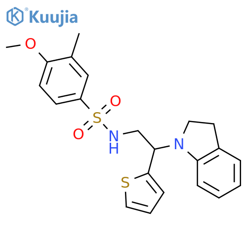 N-2-(2,3-dihydro-1H-indol-1-yl)-2-(thiophen-2-yl)ethyl-4-methoxy-3-methylbenzene-1-sulfonamide structure