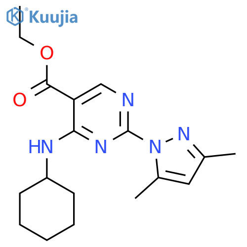 4-(Cyclohexylamino)-2-(3,5-dimethyl-1-pyrazolyl)-5-pyrimidinecarboxylic acid ethyl ester structure