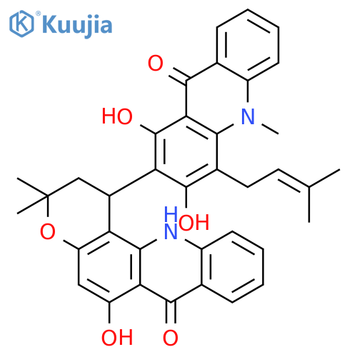 1-[1,3-dihydroxy-10-methyl-4-(3-methylbut-2-en-1-yl)-9-oxo-9,10-dihydroacridin-2-yl]-6-hydroxy-3,3-dimethyl-1,2,3,12-tetrahydro-7H-pyrano[2,3-c]acridin-7-one structure