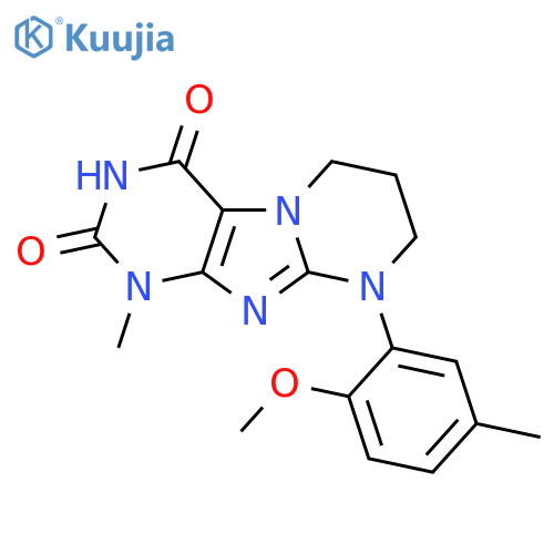 9-(2-methoxy-5-methylphenyl)-1-methyl-1H,2H,3H,4H,6H,7H,8H,9H-pyrimido1,2-gpurine-2,4-dione structure
