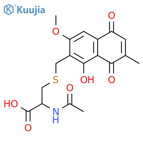 N-acetyl-S-[(1-hydroxy-3-methoxy-7-methyl-5,8-dioxo-5,8-dihydronaphthalen-2-yl)methyl]-L-cysteine structure