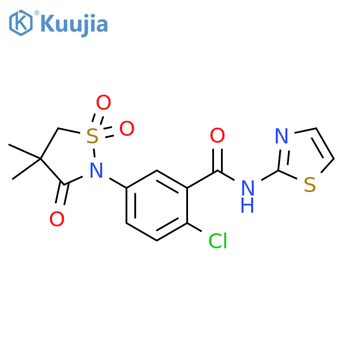 2-chloro-5-(4,4-dimethyl-1,1,3-trioxo-1lambda6,2-thiazolidin-2-yl)-N-(1,3-thiazol-2-yl)benzamide structure