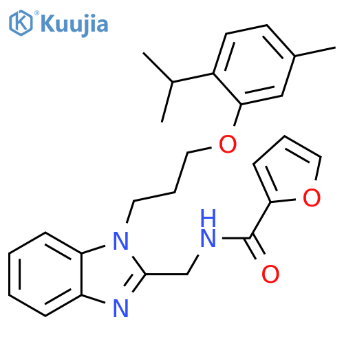 N-(1-{3-5-methyl-2-(propan-2-yl)phenoxypropyl}-1H-1,3-benzodiazol-2-yl)methylfuran-2-carboxamide structure
