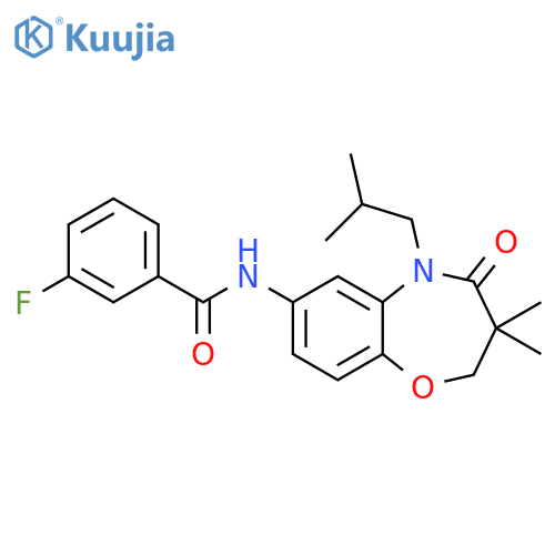 N-3,3-dimethyl-5-(2-methylpropyl)-4-oxo-2,3,4,5-tetrahydro-1,5-benzoxazepin-7-yl-3-fluorobenzamide structure
