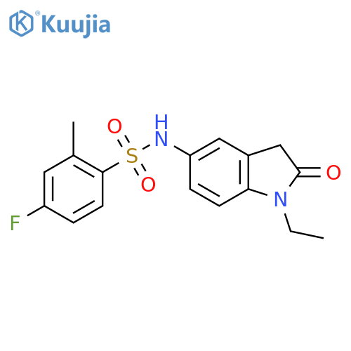 N-(1-ethyl-2-oxo-2,3-dihydro-1H-indol-5-yl)-4-fluoro-2-methylbenzene-1-sulfonamide structure