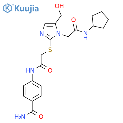 4-2-({1-(cyclopentylcarbamoyl)methyl-5-(hydroxymethyl)-1H-imidazol-2-yl}sulfanyl)acetamidobenzamide structure
