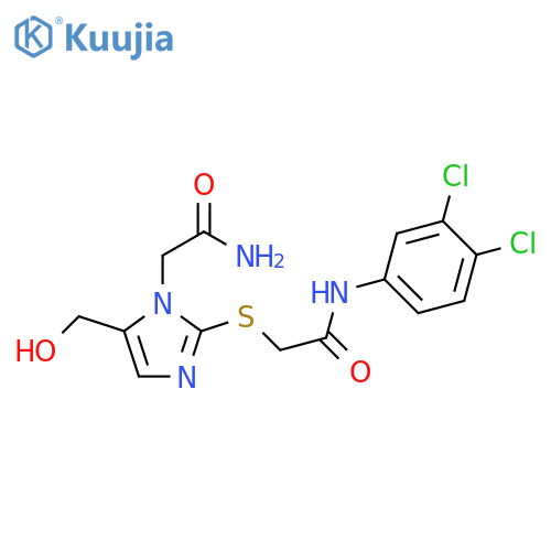 2-{1-(carbamoylmethyl)-5-(hydroxymethyl)-1H-imidazol-2-ylsulfanyl}-N-(3,4-dichlorophenyl)acetamide structure