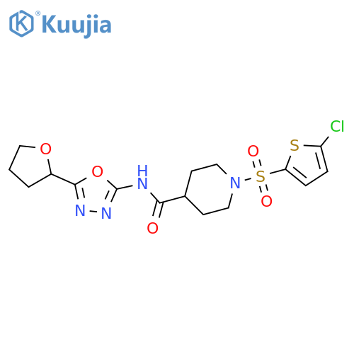 1-(5-chlorothiophen-2-yl)sulfonyl-N-5-(oxolan-2-yl)-1,3,4-oxadiazol-2-ylpiperidine-4-carboxamide structure