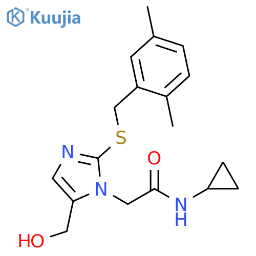 N-cyclopropyl-2-(2-{(2,5-dimethylphenyl)methylsulfanyl}-5-(hydroxymethyl)-1H-imidazol-1-yl)acetamide structure