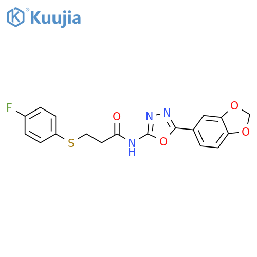 N-5-(2H-1,3-benzodioxol-5-yl)-1,3,4-oxadiazol-2-yl-3-(4-fluorophenyl)sulfanylpropanamide structure