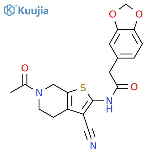 N-{6-acetyl-3-cyano-4H,5H,6H,7H-thieno2,3-cpyridin-2-yl}-2-(2H-1,3-benzodioxol-5-yl)acetamide structure