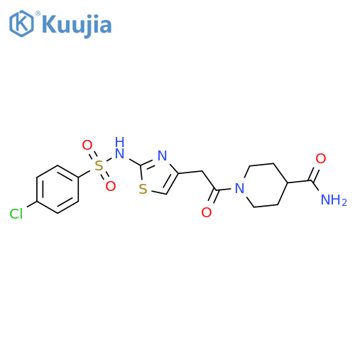 1-{2-2-(4-chlorobenzenesulfonamido)-1,3-thiazol-4-ylacetyl}piperidine-4-carboxamide structure