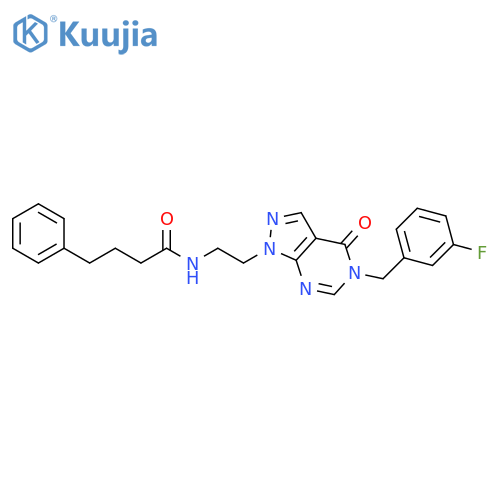 N-(2-{5-(3-fluorophenyl)methyl-4-oxo-1H,4H,5H-pyrazolo3,4-dpyrimidin-1-yl}ethyl)-4-phenylbutanamide structure