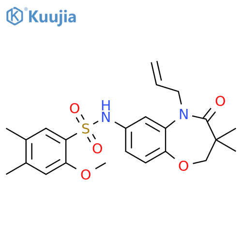 N-3,3-dimethyl-4-oxo-5-(prop-2-en-1-yl)-2,3,4,5-tetrahydro-1,5-benzoxazepin-7-yl-2-methoxy-4,5-dimethylbenzene-1-sulfonamide structure