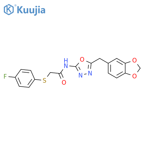 N-{5-(2H-1,3-benzodioxol-5-yl)methyl-1,3,4-oxadiazol-2-yl}-2-(4-fluorophenyl)sulfanylacetamide structure