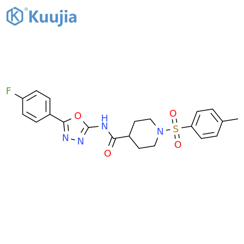 N-5-(4-fluorophenyl)-1,3,4-oxadiazol-2-yl-1-(4-methylbenzenesulfonyl)piperidine-4-carboxamide structure