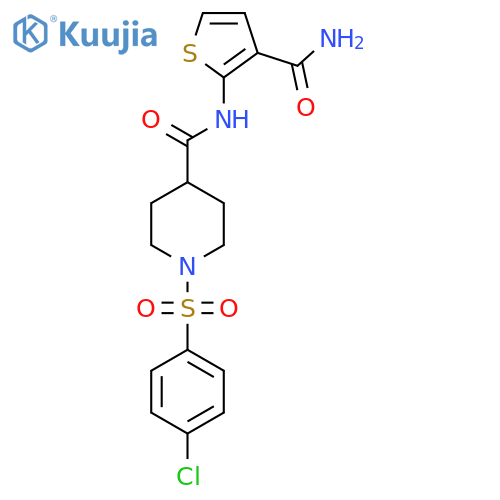N-(3-carbamoylthiophen-2-yl)-1-(4-chlorobenzenesulfonyl)piperidine-4-carboxamide structure