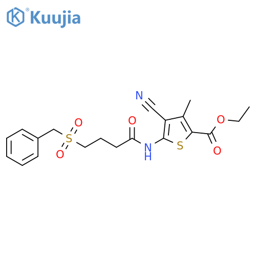ethyl 4-cyano-3-methyl-5-(4-phenylmethanesulfonylbutanamido)thiophene-2-carboxylate structure