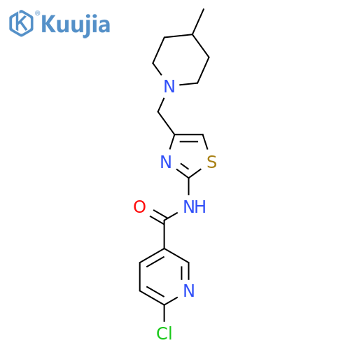 6-chloro-N-{4-[(4-methylpiperidin-1-yl)methyl]-1,3-thiazol-2-yl}pyridine-3-carboxamide structure