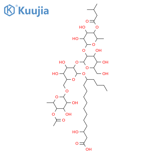 3,12-Dihydroxyhexadecanoic acid; (3S,12S)-form, 12-O-[3-Methylbutanoyl-(→4)-α-L-rhamnopyranosyl-(1→2)-β-D-glucopyranosyl-(1→2)-[4-O-acetyl-α-L-rhamnopyranosyl-(1→6)]-β-D-glucopyranoside] structure
