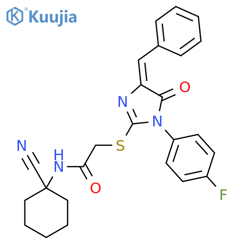 2-[(4E)-4-benzylidene-1-(4-fluorophenyl)-5-oxoimidazol-2-yl]sulfanyl-N-(1-cyanocyclohexyl)acetamide structure