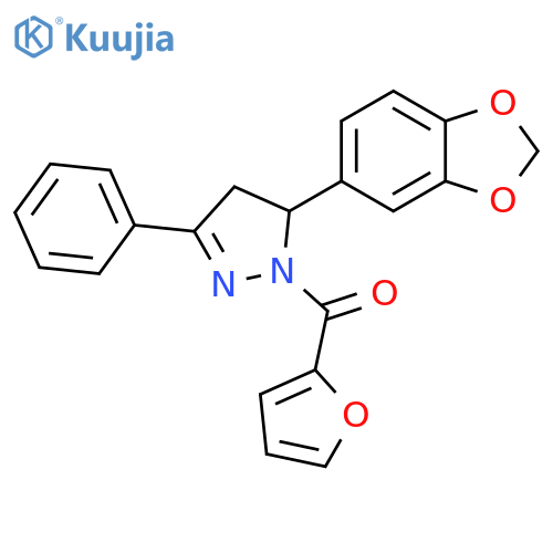 5-(2H-1,3-benzodioxol-5-yl)-1-(furan-2-carbonyl)-3-phenyl-4,5-dihydro-1H-pyrazole structure